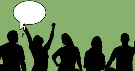 Image of speech bubble with silhouettes of people with copy space on green background. Global education, abstract background and pattern concept digitally generated image.の写真素材