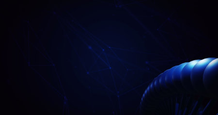 Image of close up of macro blue dna strand and copy space. Global science, research, genetics and data processing concept digitally generated image.の写真素材