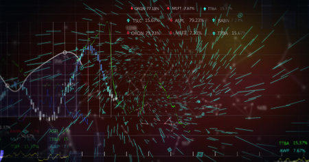 Composition of shapes and data processing over black background. Global business and digital...