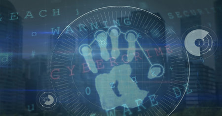 Composition of scope scanning with hand and data processing over cityscape. Global technology, computing and digital interface concept digitally generated image.の写真素材