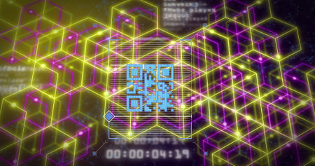 Composition of qr code over neon shapes and data processing on black background. Global technology,...