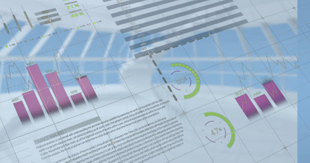 Composition of statistics over financial data processing. Global finances, business, computing and data processing concept digitally generated image.の写真素材