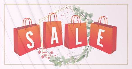Digital image of sale text on shopping bags against floral design on pink background. sale discount and retail business conceptの写真素材