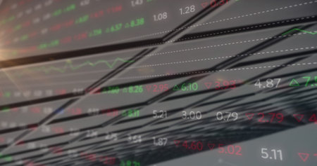 Composition of stock market over window and light trails. Global business, finances and digital...