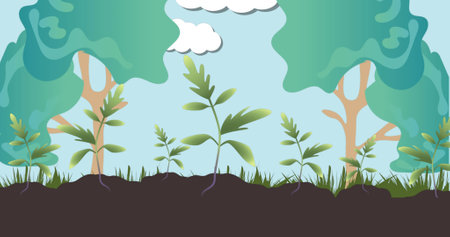 Image of plants growing over trees. environment, sustainability, ecology, renewable energy, global warming and climate change awareness.の写真素材