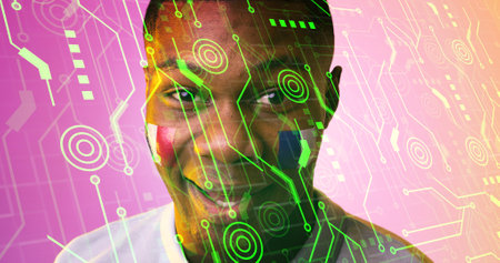 Portrait of african american soccer player with french flag paints on face over connected lines....