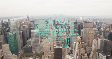 Image of business texts over cityscape. Global business and digital interface concept digitally generated image.の写真素材