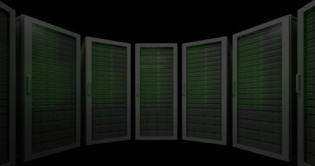 Composition of servers and copy space on black background. Global business, finances and digital...