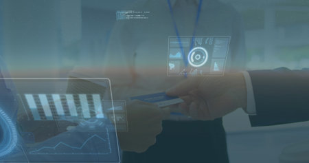 Image of data processing over diverse business people with card. Global business and digital...