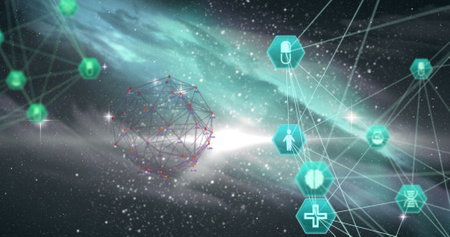 Image of interface with medical icons network of connections spinning over universe. Global network...