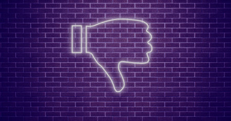 Composition of white neon outline thumbs down icon over purple background. Global social media, networks and communication concept digitally generated image.の写真素材