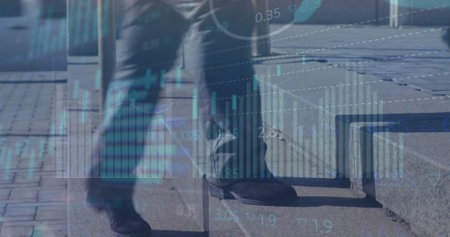 Image of financial data processing over people walking on street. Global business, finances and...