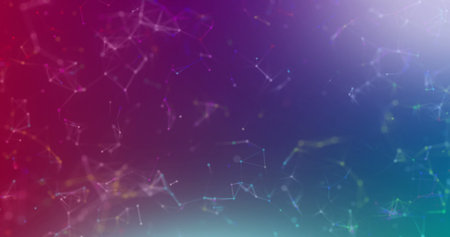 Image of networks of connections floating over pink to purple background. global connection, data...