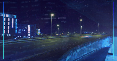 Composition of data processing on screen over cityscape. Global online computing and data processing...
