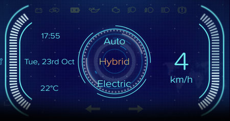 Image of car panel with car mode texts and icons on blue background. Global business and digital interface concept digitally generated image.の写真素材