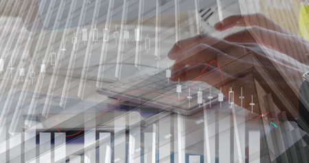 Image of data processing over hands using computer in office. Global business and digital interface...