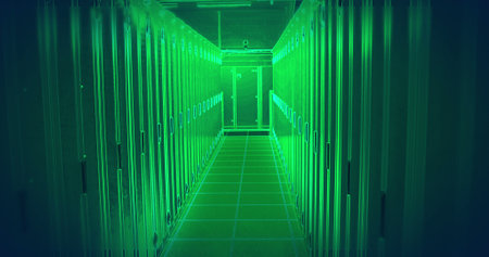 Image of binary coding over green neon server room. Global technology and digital interface concept...