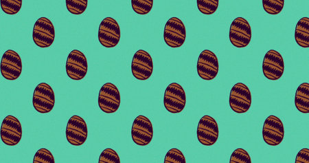 Image of multiple rows of patterned brown Easter eggs moving in formation in seamless loop on green...