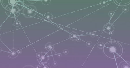 Image of network of connections against grey and purple gradient background. Global networking and...