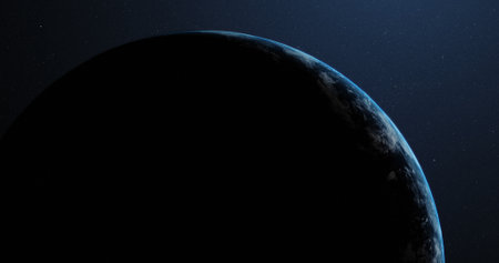 Part of planet earth in darkness at night, viewed from outer space, with copy space. Astronomy, science and civilisation.の写真素材