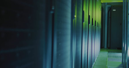 General view of empty server room with multiple black servers. Global technology, business and science.の写真素材
