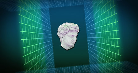 Image of sculpture head over green and blue neon lines. Abstract background and art, digitally generated image.の写真素材