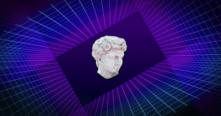 Image of sculpture head over purple neon lines. Abstract background and art, digitally generated image.の写真素材