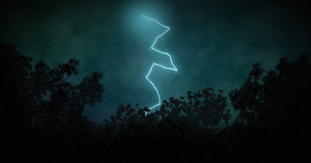 Image of lightning striking over trees and stormy clouded sky. Weather, storm and nature concept digitally generated image.の写真素材