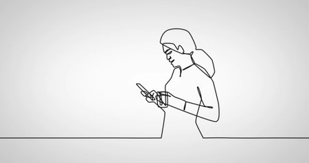 Image of drawing of businesswoman using smartphone on white background. Global business and digital interface concept digitally generated image.の写真素材