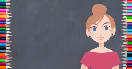 Image of pictogram of woman in pink dress with copy space on blackboard and crayons background. Business, education and female professional concept digitally generated image.の写真素材