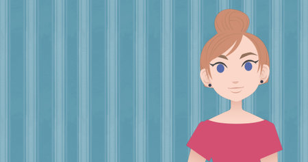 Image of pictogram of woman in pink dress with copy space on blue background. Business, education and female professional concept digitally generated image.の写真素材