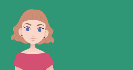 Image of pictogram of woman in pink dress with copy space on green background. Business, education and female professional concept digitally generated image.の写真素材