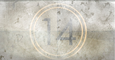 Image of number 14 in circle on grey distressed background. Countdown, numbers and colour concept digitally generated image.の写真素材