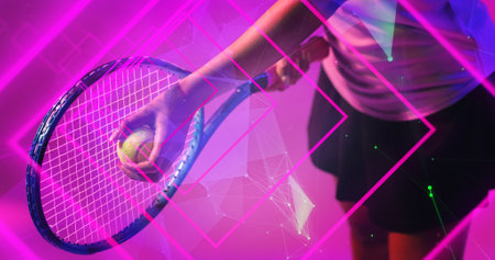 Midsection of biracial female tennis player playing with racket and ball over pink geometric shapes. Illuminated, copy space, composite, sport, competition, neon, hand and abstract concept.の写真素材