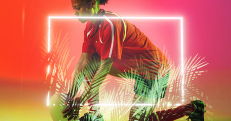 Composite of african american female player holding rugby ball kneeling over square and plants. Copy...