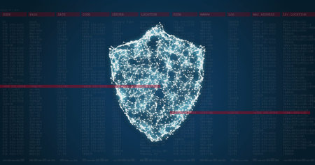Image of online security shield and data processing on dark background. Global online security,...