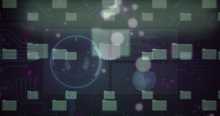 Image of online security warning data processing over folders on dark background. Global online security, business and data processing concept digitally generated image.の写真素材