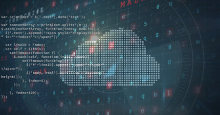 Image of digital cloud and data processing on dark background. Global cloud computing, business, statistics and data processing concept digitally generated image.の写真素材