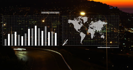 Composition of data processing with world map over cityscape. Global technology, computing and...