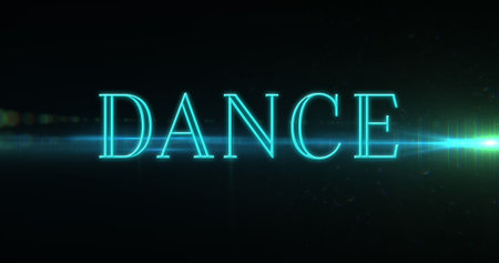 Composition of neon dance text over light trails on black background. Light, pattern and colour concept digitally generated image.の写真素材