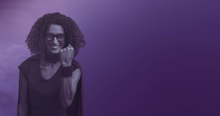 Composition of caucasian woman wearing cape on purple background. Technology, computing and digital interface concept digitally generated image.の写真素材