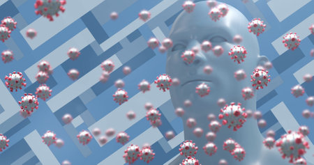 Composition of virus cells and digital human head over shapes on blue background. Global pandemic,...