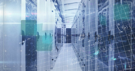 Composition of shapes and mathematical equations over server room. Global technology, computing and...