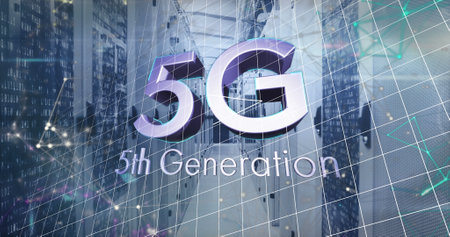 Composition of 5g 5th generation text and connections over server room. Global technology, computing...