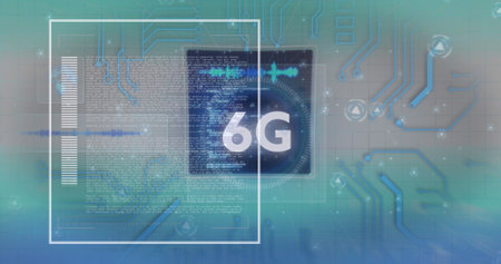 Image of data processing and 6g text over network of connections. Global business and digital...