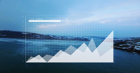 Image of digital screen with diagram over landscape. Landscape, nature and digital interface concept digitally generated image.の写真素材