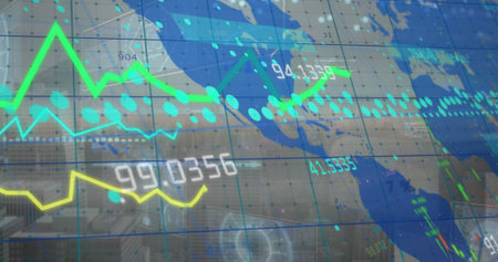Image of data processing and world map over cityscape. Global business and digital interface concept digitally generated image.の写真素材