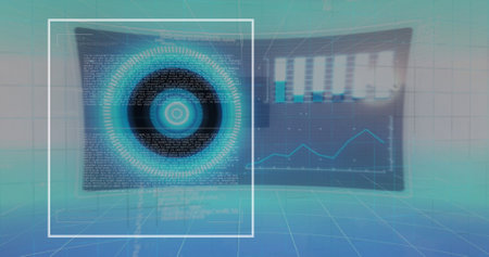 Image of data processing and scope scanning over shapes. Global business and digital interface...