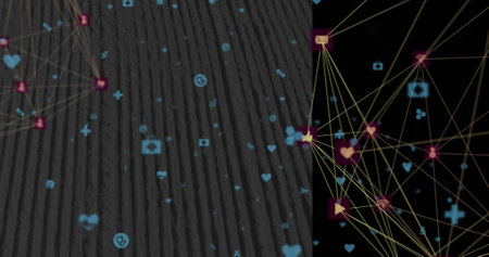 Image of medical and media icons with shapes over network of connections. Global business and...