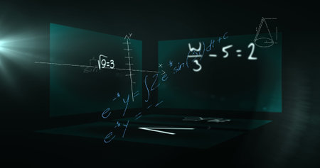 Image of data processing and mathematical equations over screens. global science, data processing, technology and connection concept digitally generated image.の写真素材